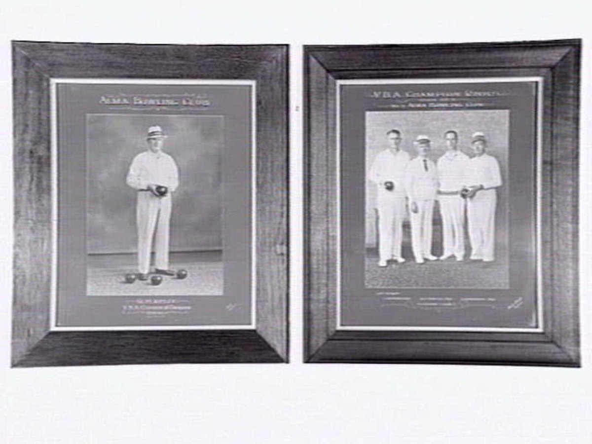 Two framed photos from Alma Bowling and Tennis Club, Wilkes Street, North Caulfield, Caulfield North (c. 1945)