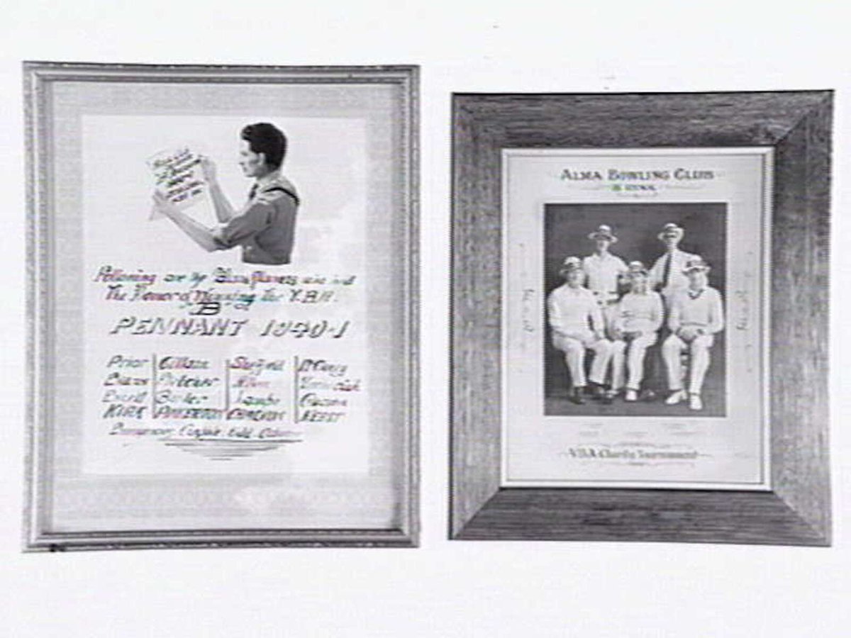 Framed certificate and photo from Alma Bowling and Tennis Club, Wilkes Street, North Caulfield, Caulfield North (c. 1945)