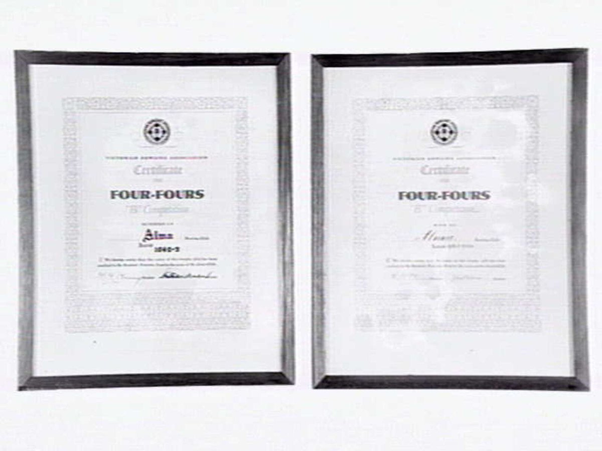 Two framed certificates from the Alma Bowling and Tennis Club, Wilkes Street, North Caulfield, Caulfield North (c. 1945)