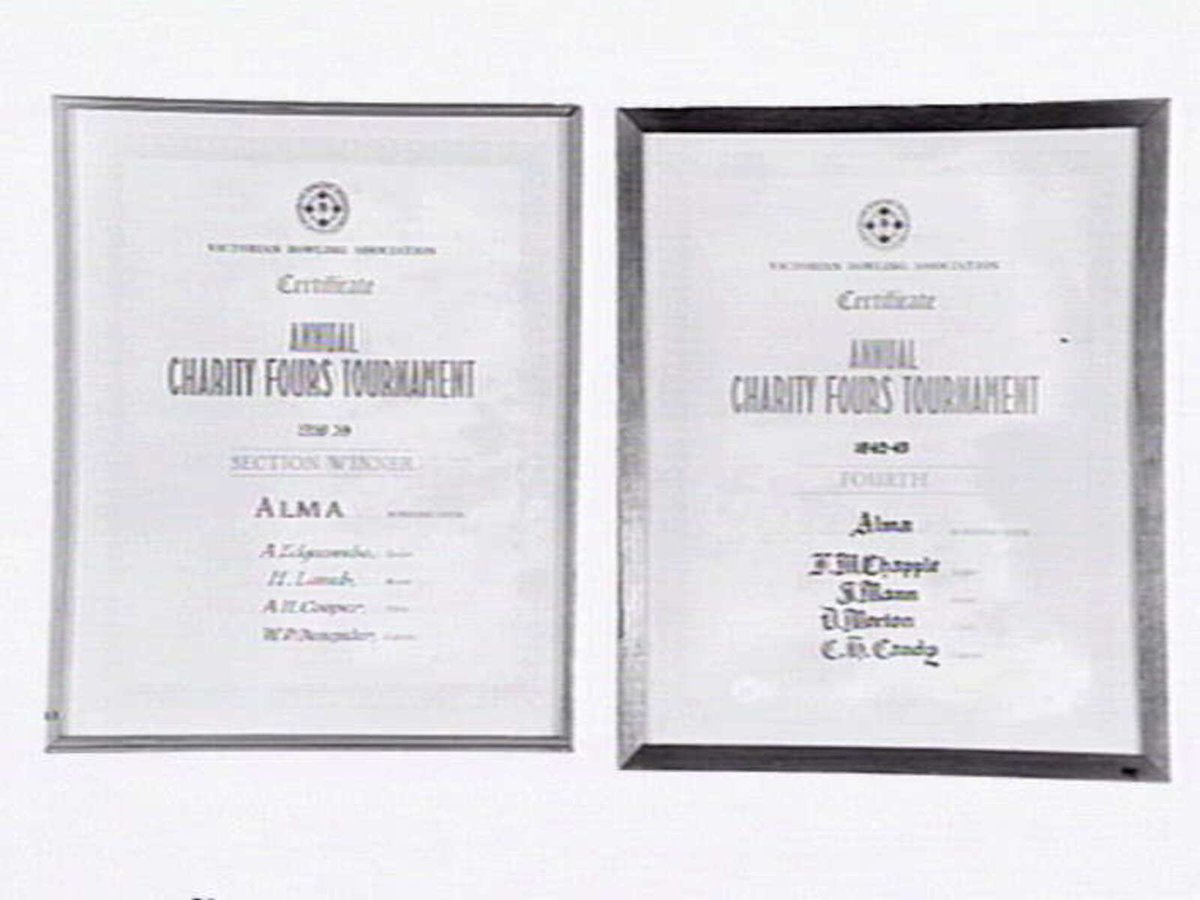 Two framed certificates from the Alma Bowling and Tennis Club, Wilkes Street, North Caulfield, Caulfield North (c. 1945)