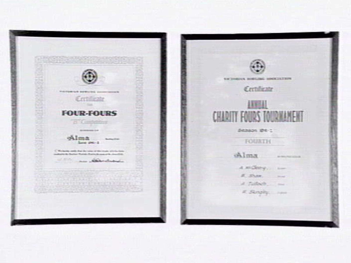 Two framed certificates from the Alma Bowling and Tennis Club, Wilkes Street, North Caulfield, Caulfield North (c. 1945)