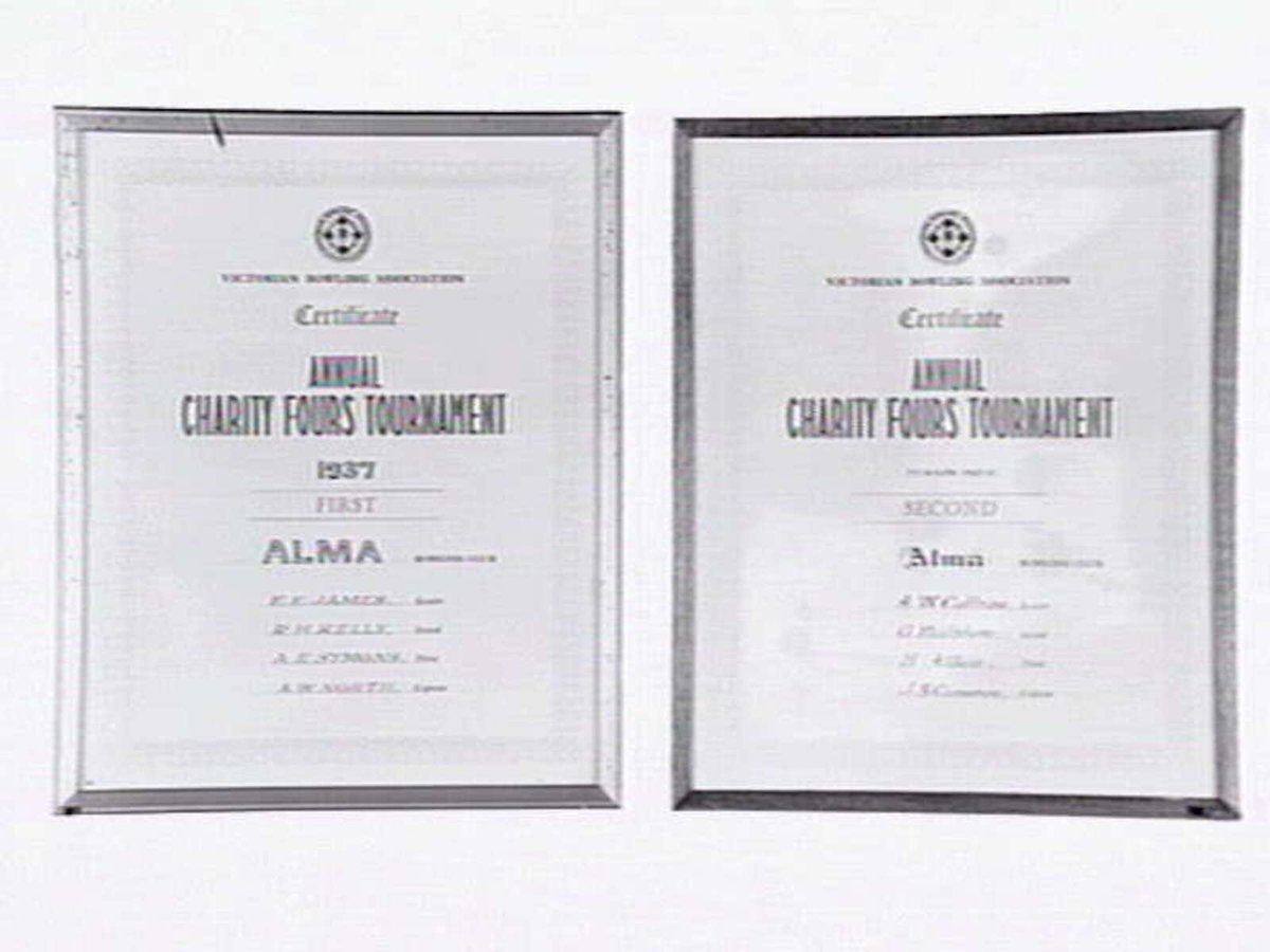 Two framed certificates from the Alma Bowling and Tennis Club, Wilkes Street, North Caulfield, Caulfield North (c. 1945)
