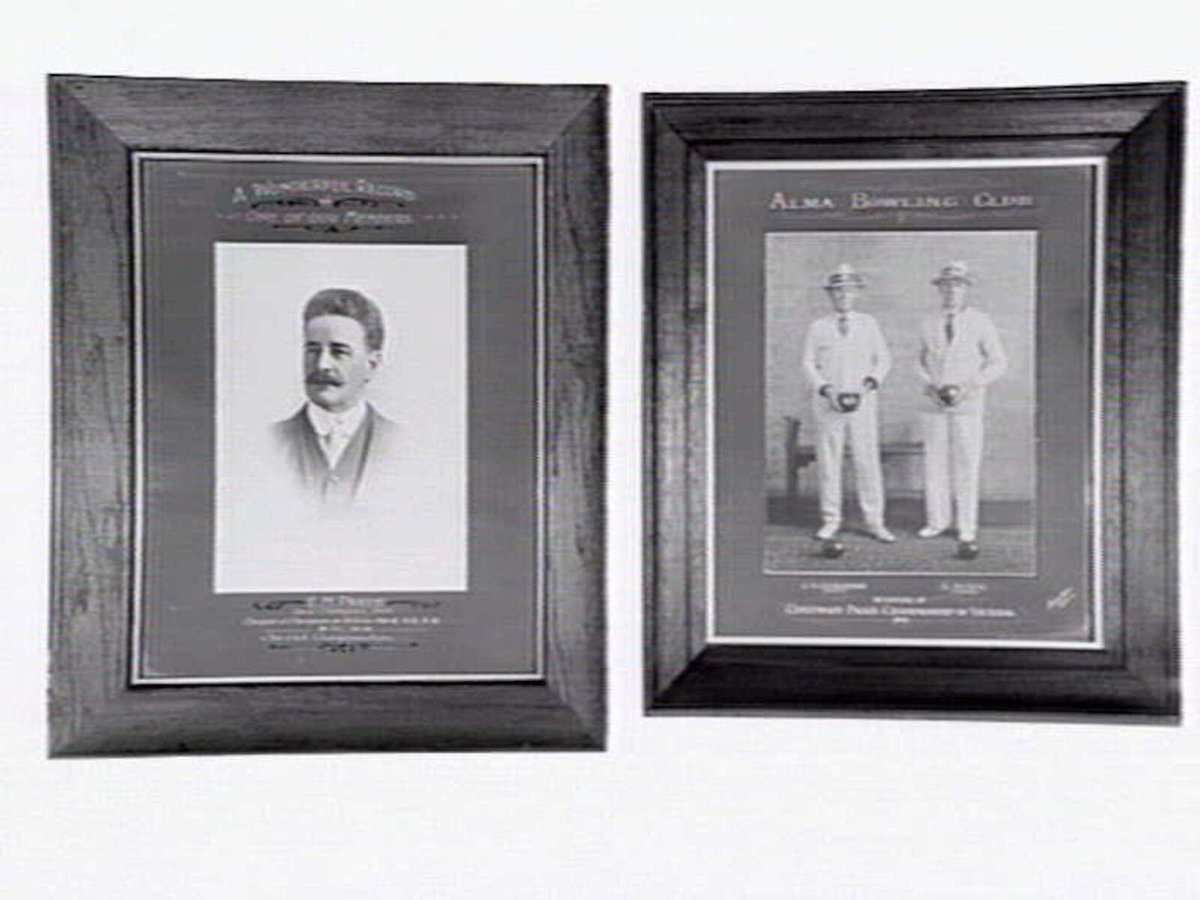 Two framed photographs from the Alma Bowling and Tennis Club, Wilkes Street, North Caulfield, Caulfield North (c. 1945)