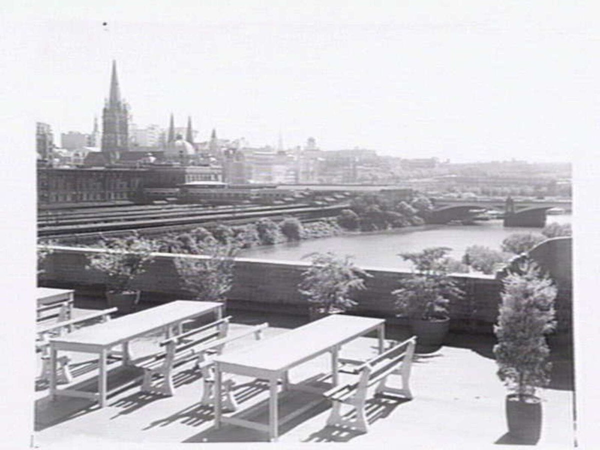 Kraft Walker Cheese Co., rooftop lunch area for staff with view looking towards the city and Princes Bridge, Melbourne City (1947)