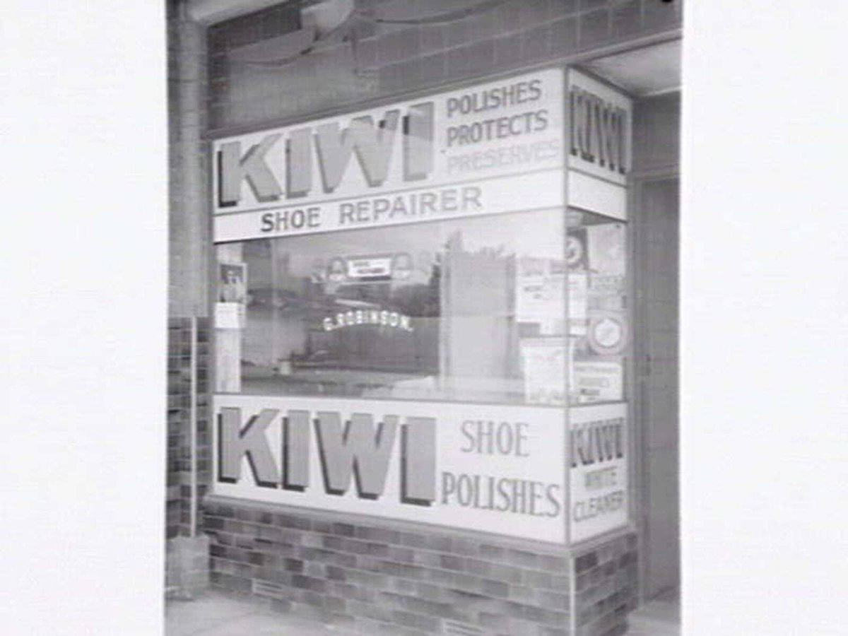Shop window display for Kiwi Products at Robinson Shoe Repairs, 805 High St. Thornbury (1947)