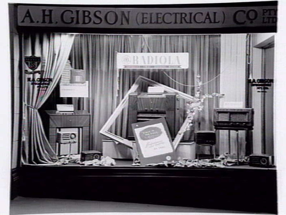 Radiola display in shop window of A.H. Gibson (Electrical) Co. P/L, 23 Hardware St., Melbourne (1947)
