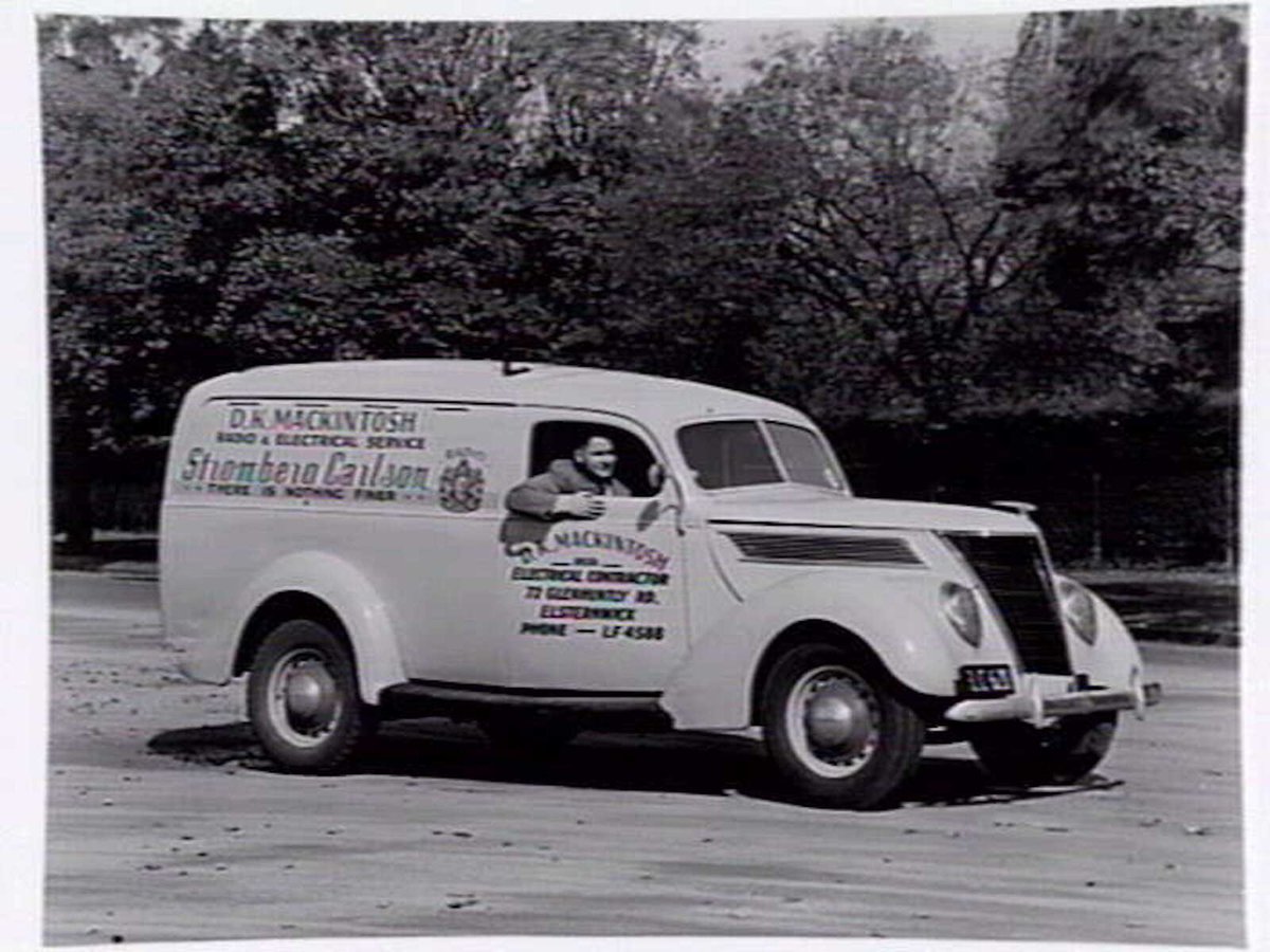Delivery van belonging to D.K. MacKintosh, electrical contractor of 77 Glenhuntly Rd., Elsternwick (1948)