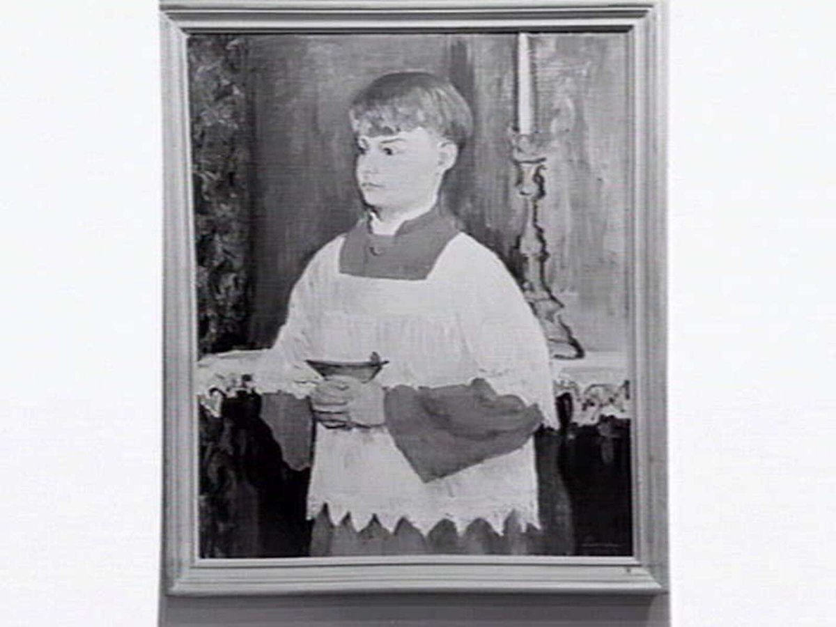 Portrait of an altar boy exhibited in the Georges' Gallery, Georges', 162 Collins St. Melbourne, by Lina Bryans, Melbourne City (1948)