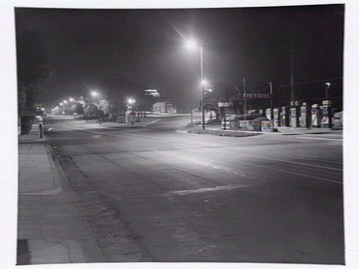 Maroondah Hwy., Box Hill at night (1949)