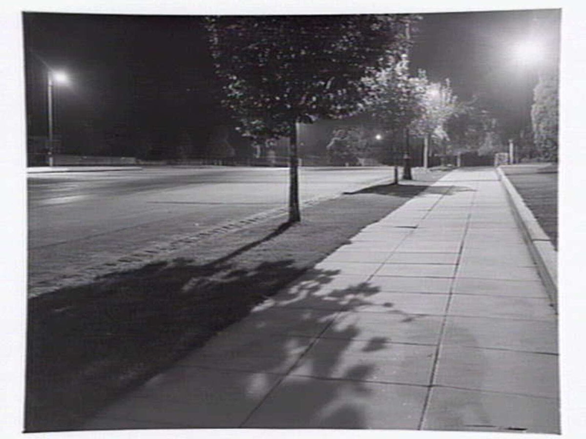 Suburban street, Box Hill, at night (1949)