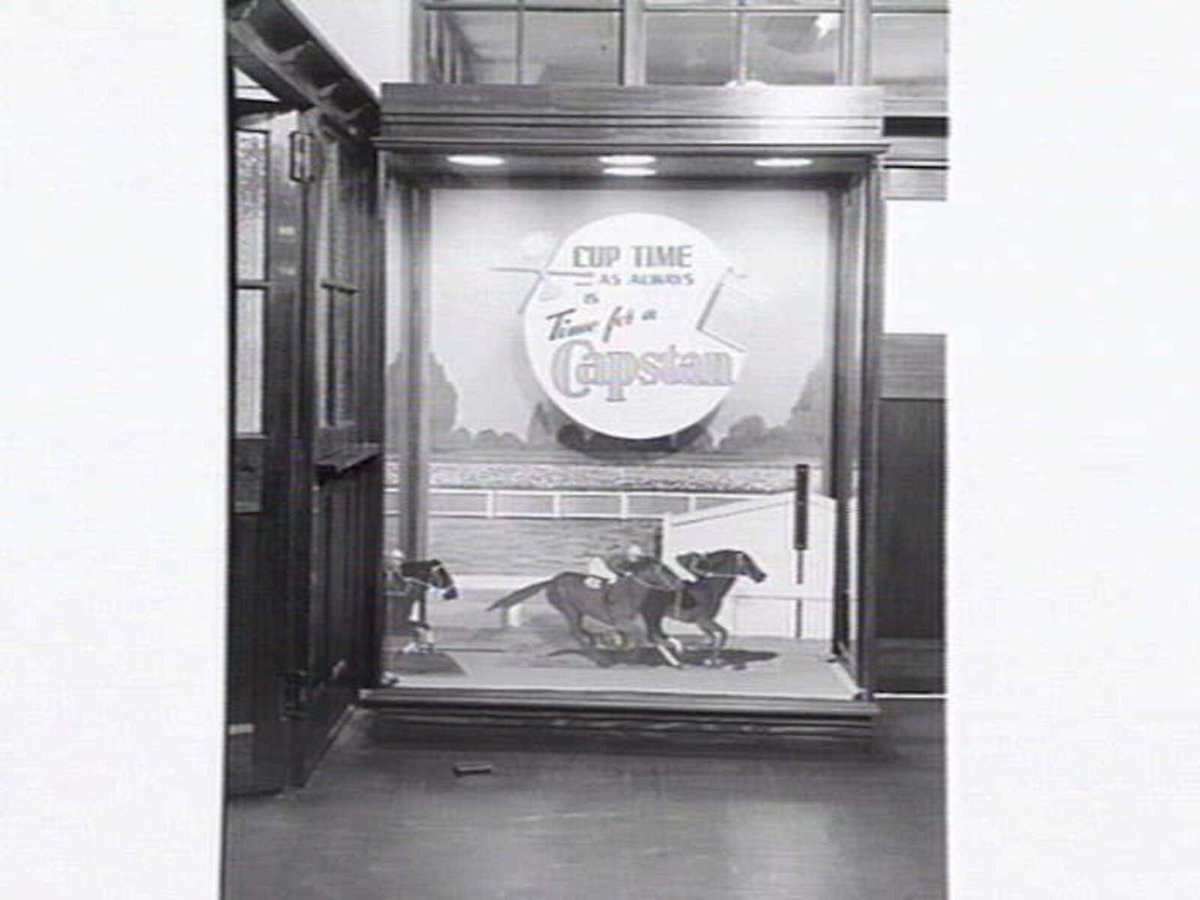 Display case with Melbourne Cup theme, for Capstan Cigarettes, Flemington (1949)
