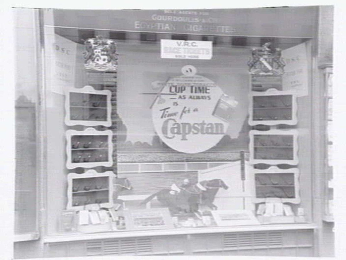 Capstan Cigarettes window display at B.H. Alston's, tobacconist, 302-4 Collins St., Melbourne, Melbourne City (1949)