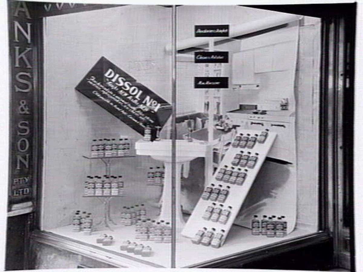 Display window at Danks & Son, 391-403 Bourke St., Melbourne, showing Dissol, the No. 1 cleaning fluid, Melbourne City (1950)
