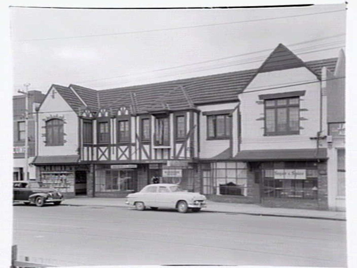 Tudor style group of shops in Toorak Road, South Yarra, Vic (c. 1951)
