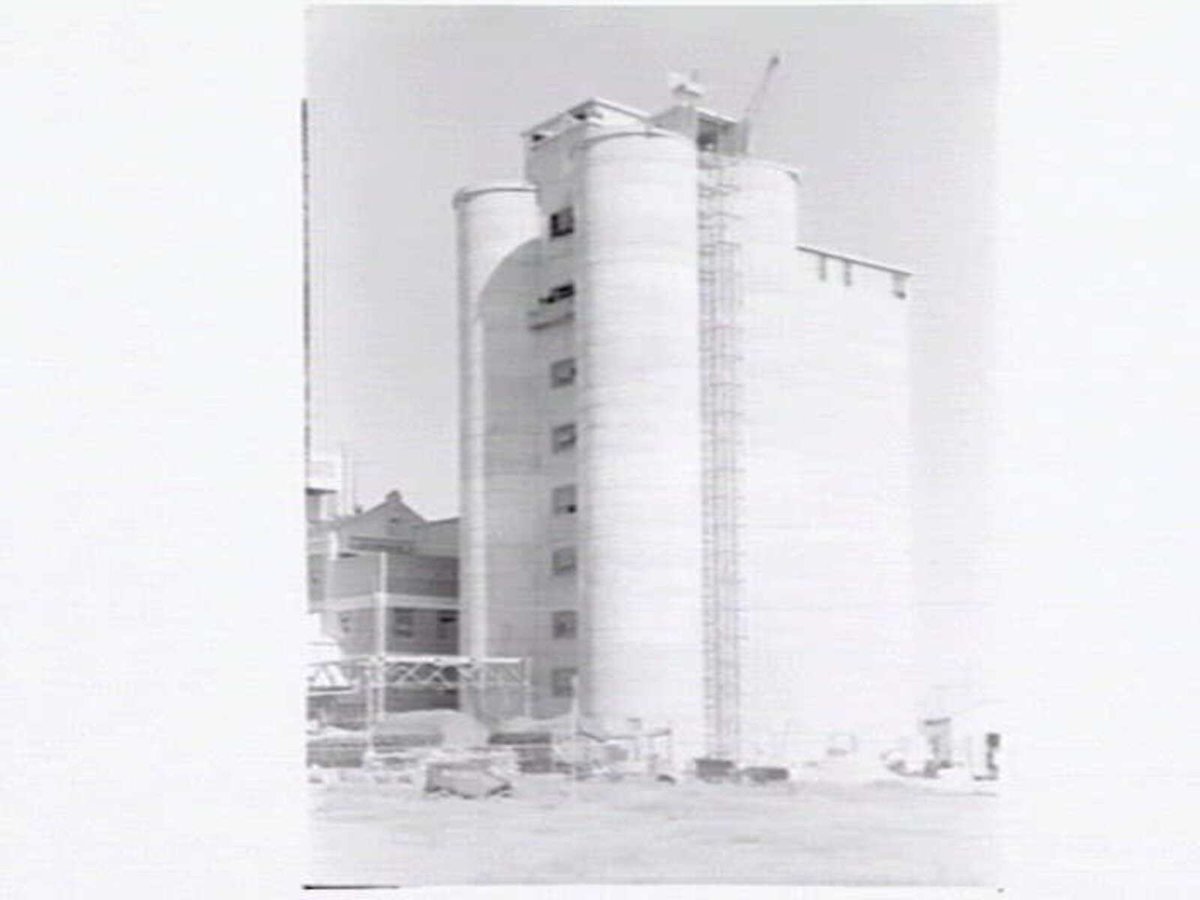 Grain storage tower under construction with Creamoata Ltd, Sunshine Road, West Footscray in background (c. 1951)