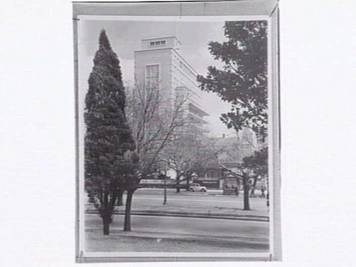 Prince Henry's Hospital, viewed from parkland across St. Kilda Road, Melbourne City (c. 1951)