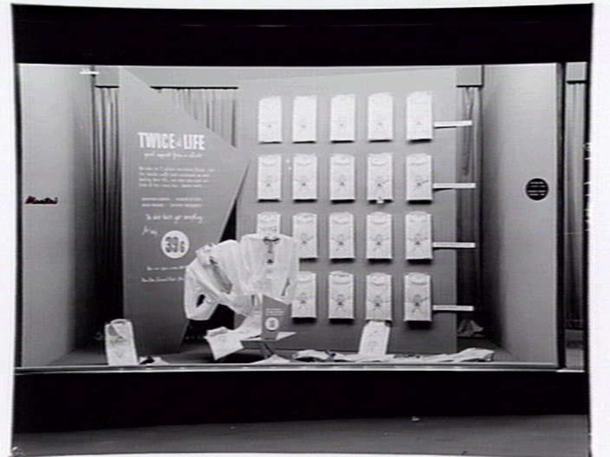Shirt window display at Manton's Drapers, 226-236 Bourke Street, Melbourne, Melbourne City (c. 1952)