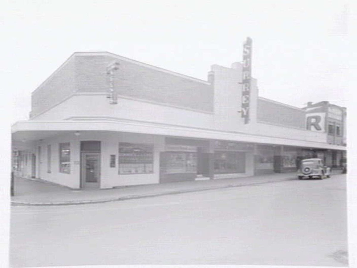 Exterior, Surrey Picture Theatre, 142-146 Union Road, Surrey Hills and office of Dimmick & Long, estate agents, 140 Union Road (c. 1952)