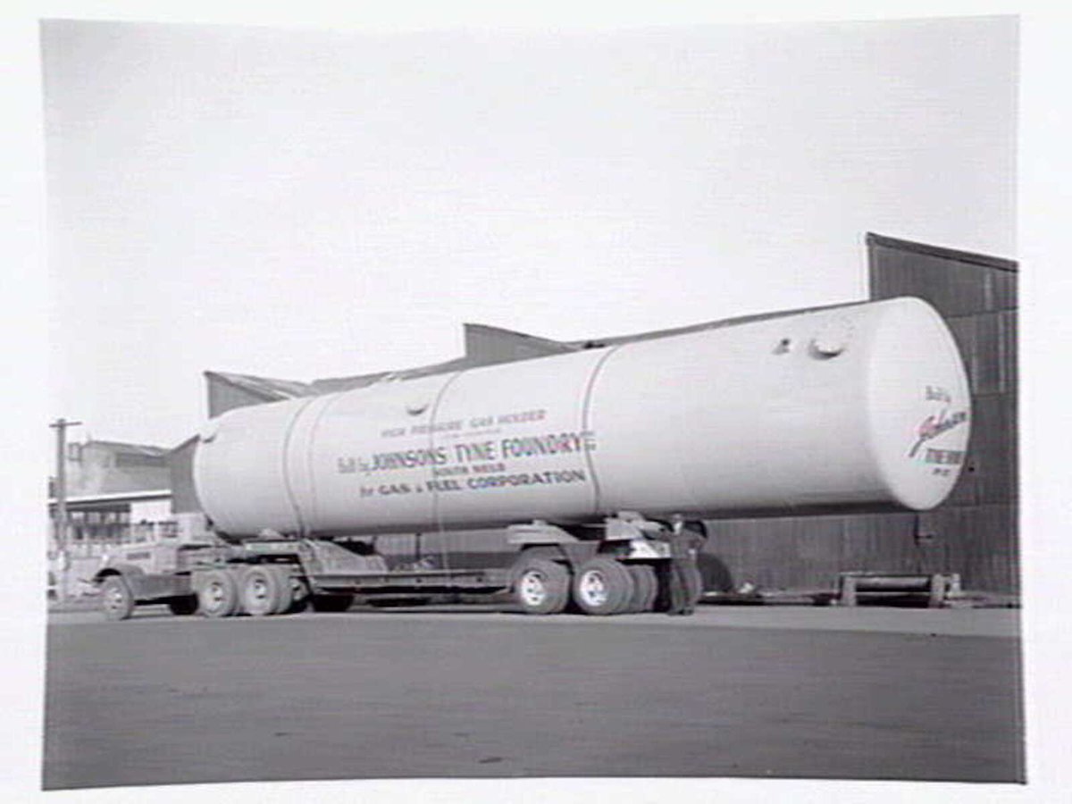 High pressure gas holder built by Johnsons Tyne Foundry, South Melbourne, on the rear of a semi-trailer (c. 1954)