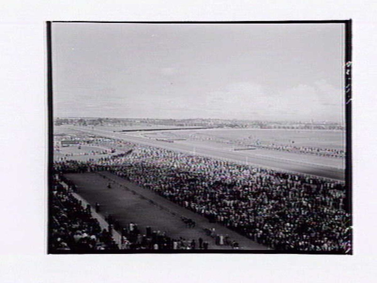 Bird's-eye view of Flemington Racecourse, showing mounting yard in foreground, Melbourne Cup Day (1949)