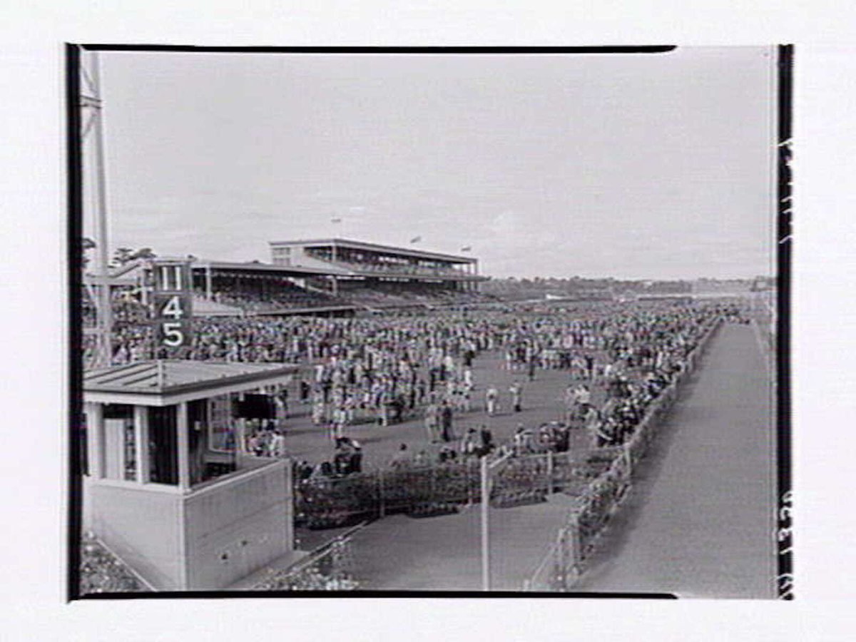 Horserace on Melbourne Cup Day at Flemington Racecourse (1949)