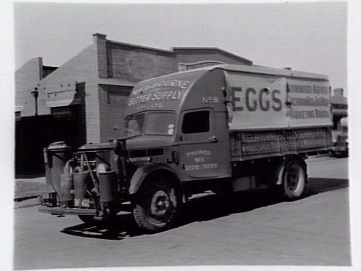 Cattle truck and Melbourne Butter supply and Egg truck fitted with Jackson gas producer units (c. 1940)