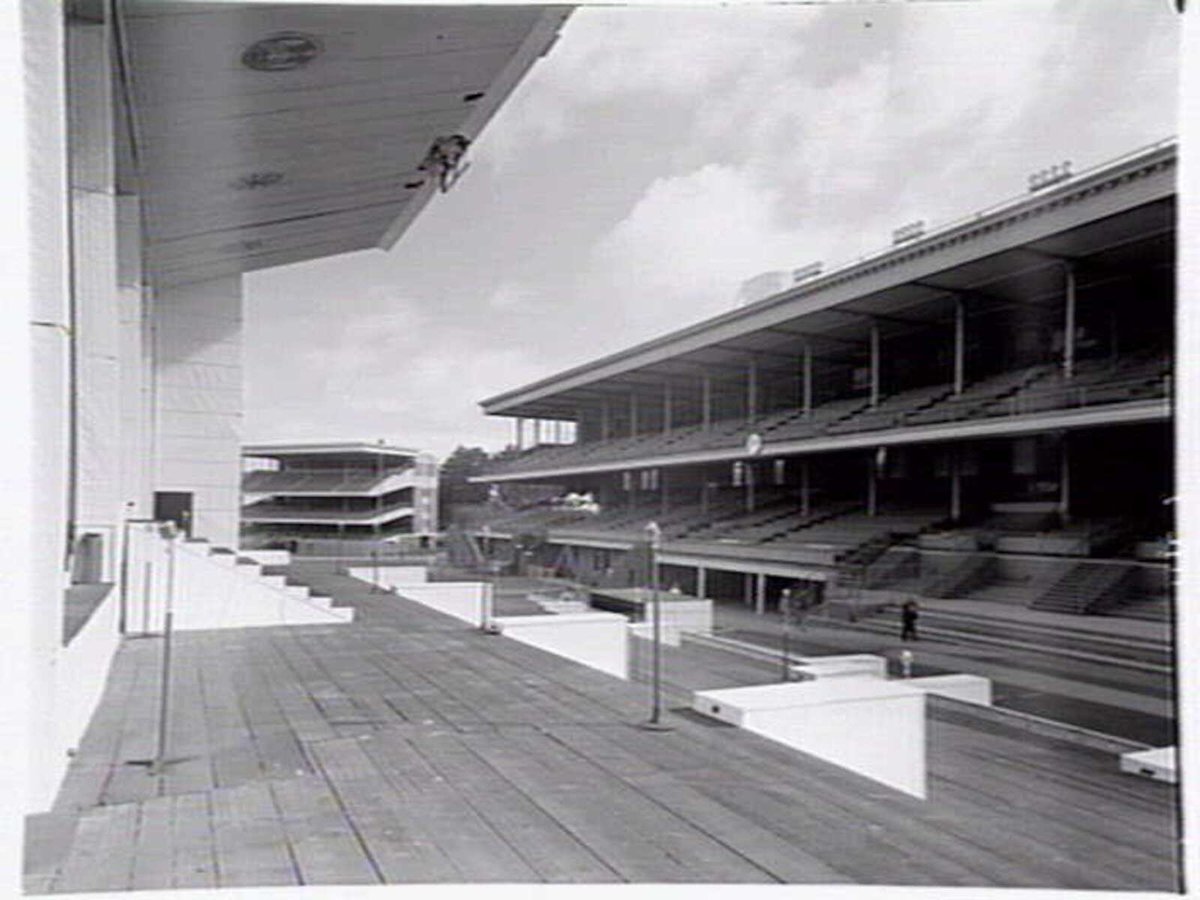 Outdoor stage set up for performance of a passion play to celebrate the centenery of the Melbourne Catholic Diocese, probably at Caulfield Race Course (1948)