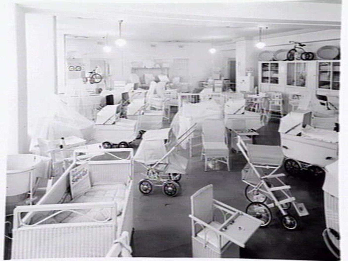 Second floor of the Century Building, 125-133 Swanston St., Melbourne, showing London Baby Carriage Co. stock, Melbourne City (1948)