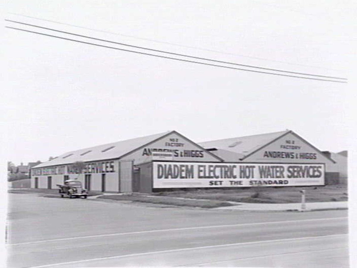 Exterior of Andrews & Higgs, hot water service manufacturers, including the Diadem Electric Hot Water Service, 518 Glenhuntly Rd., Caulfield (1948)