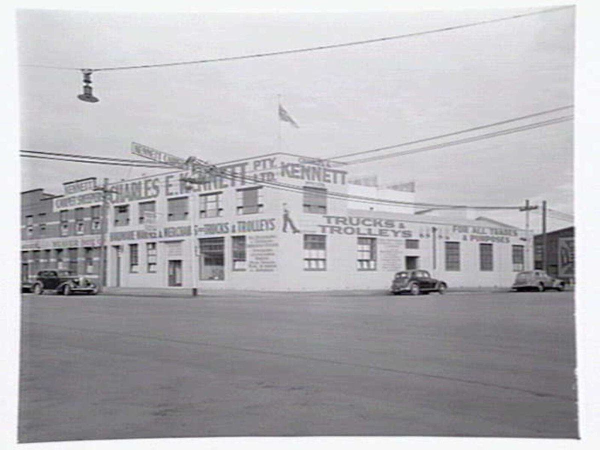 Exterior of Charles E. Kennett P/L, hardware manufacturer and merchant of trucks and trailers, 263 City Rd., South Melbourne (1949)