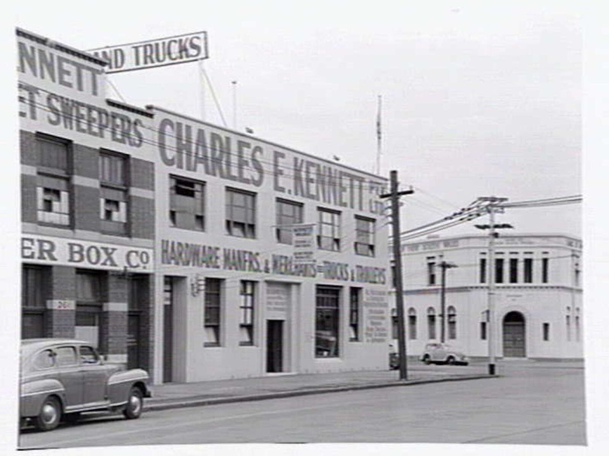Exterior of Charles E. Kennett P/L, hardware manufacturer and merchant of trucks and trailers, 263 City Rd., South Melbourne (1949)