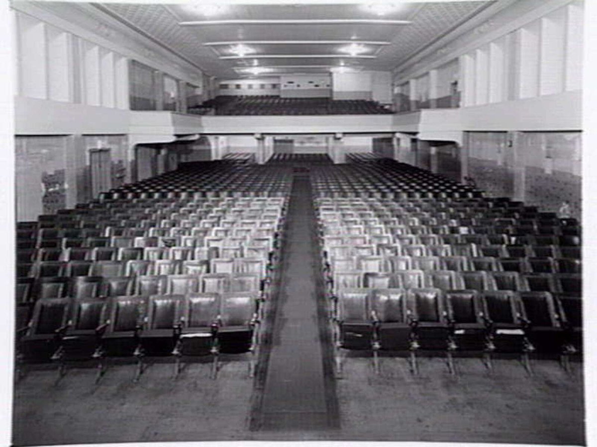 Alhambra Theatre, operated by Hoyts, 828-830 Sydney Rd., Brunswick, showing seating and ticket box in foyer (1950)