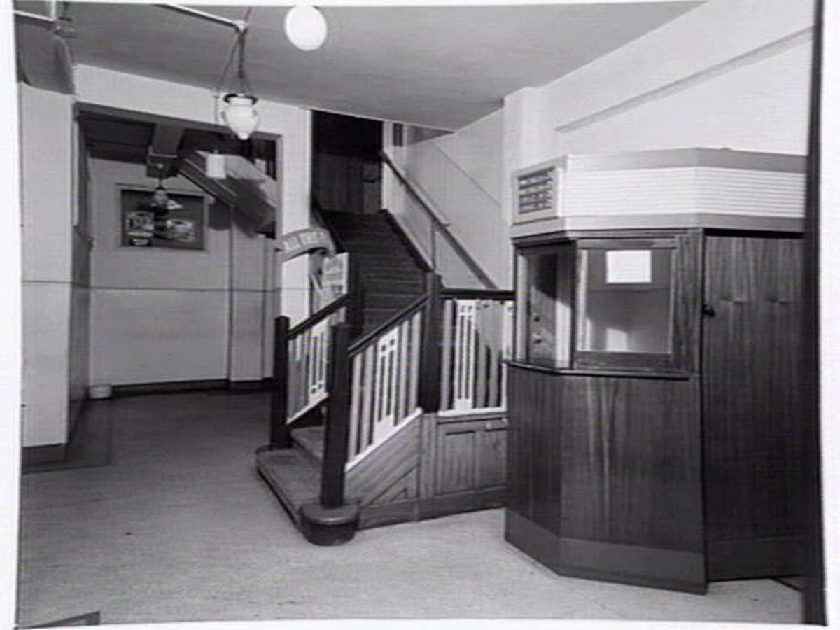 Alhambra Theatre, operated by Hoyts, 828-830 Sydney Rd., Brunswick, showing seating and ticket box in foyer (1950)