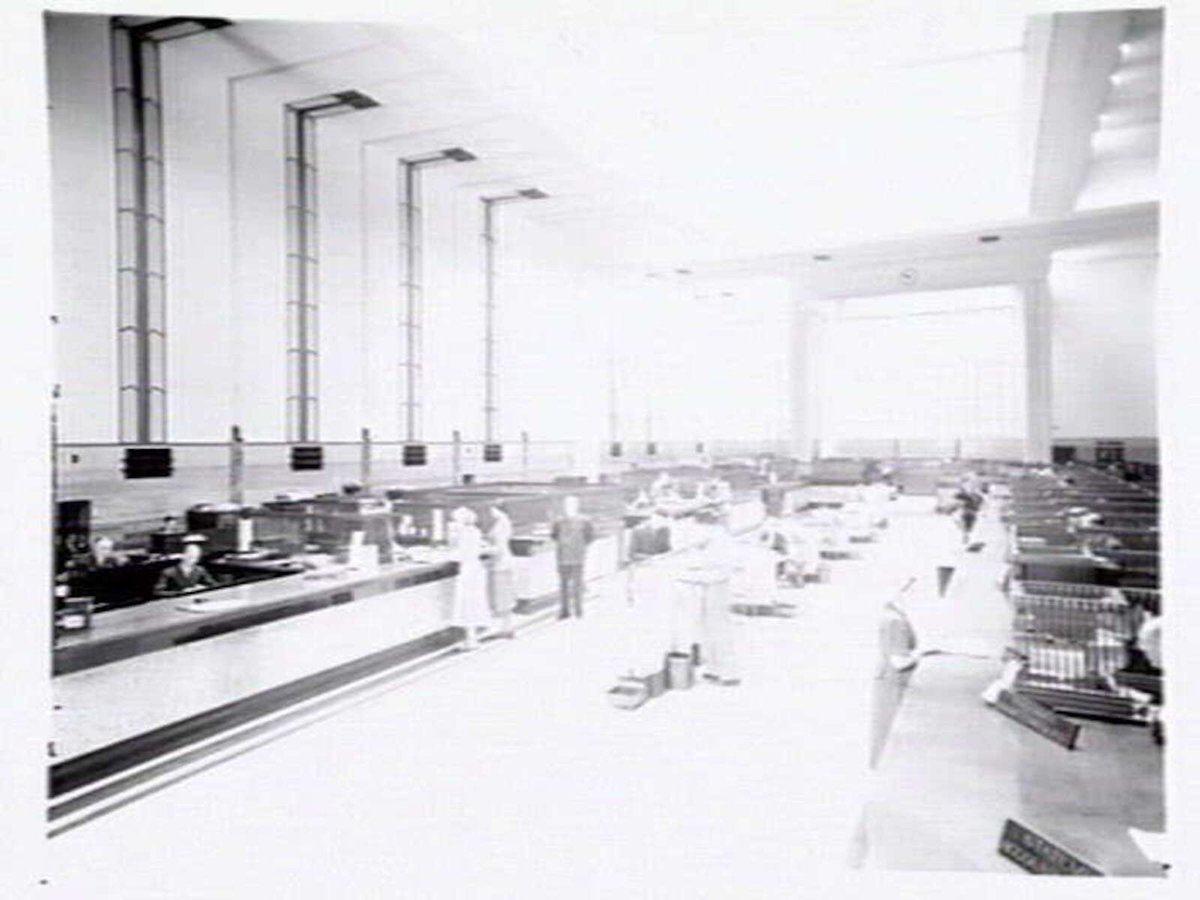 Bank of New South Wales, headquarters at 368-374 Collins St., Melbourne, showing exterior and banking chamber, designed by Godfrey & Spowers, Melbourne City (1950)
