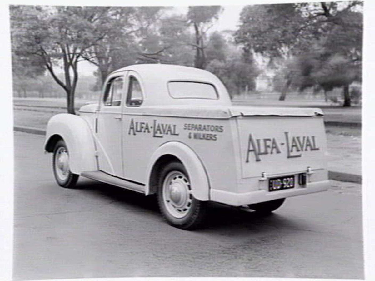 Truck advertising Alfa-Laval separators and milkers, 547 Flinders St., Melbourne, Melbourne City (1951)
