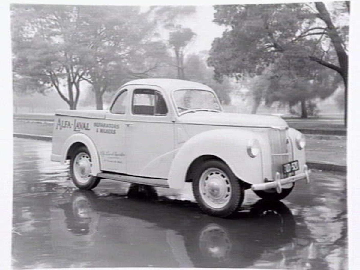 Truck advertising Alfa-Laval separators and milkers, 547 Flinders St., Melbourne, Melbourne City (1951)