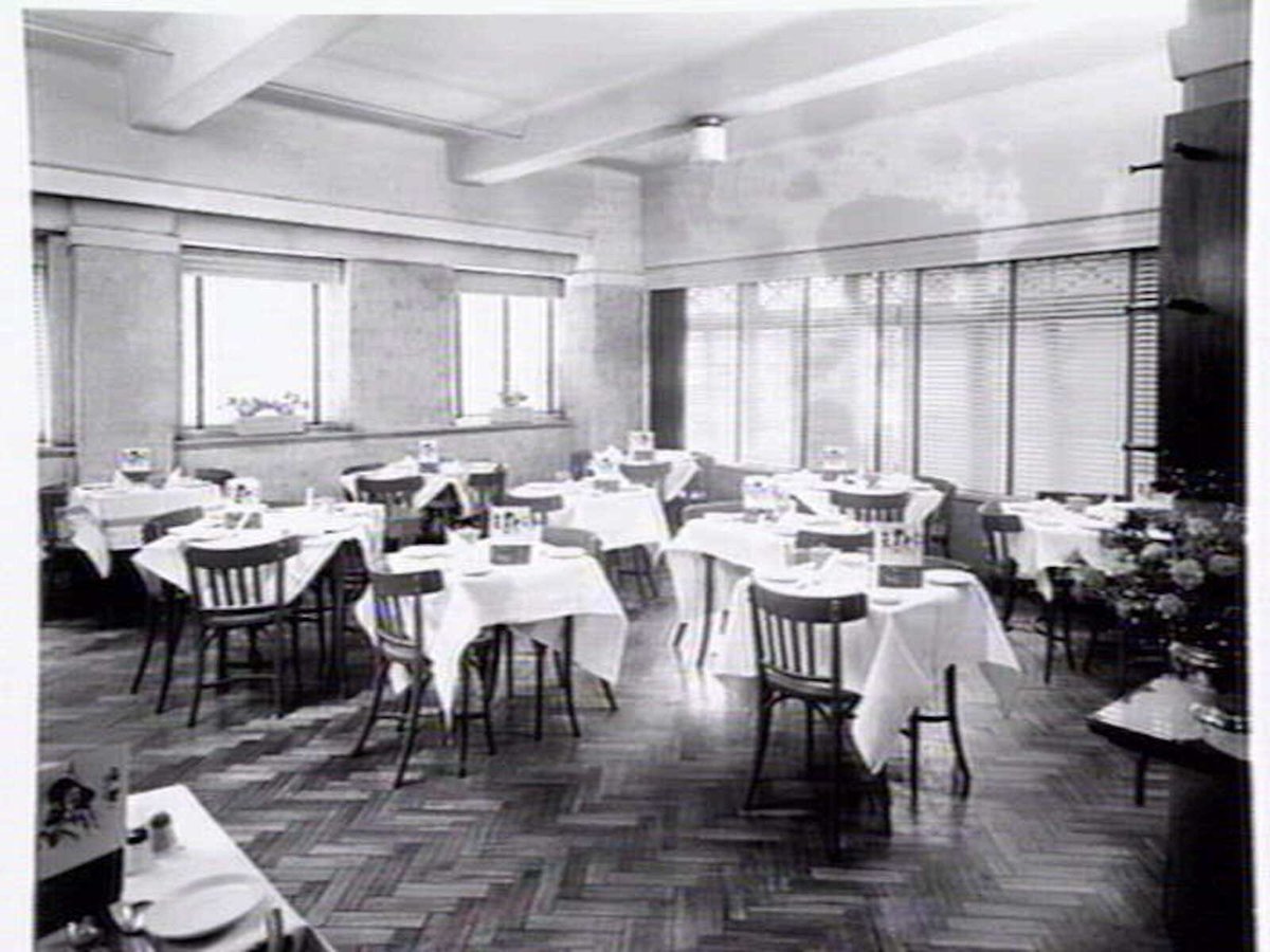 Cavalier Tea Rooms, Queens Walk Arcade, the Victoria Buildings, 68 Swanston St., Melbourne - cnr. Swanston & Collins Sts., site of the City Square, Melbourne City (c. 1953)