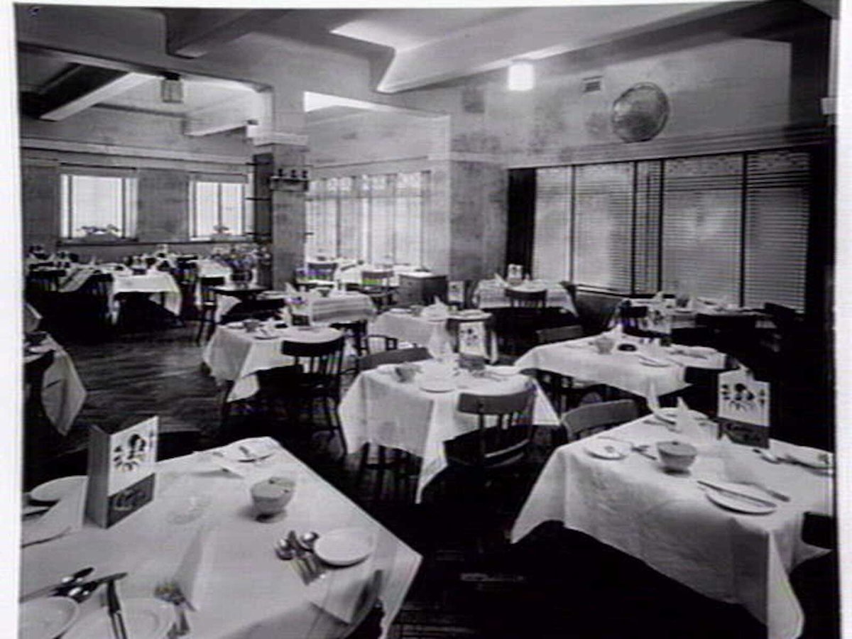 Cavalier Tea Rooms, Queens Walk Arcade, the Victoria Buildings, 68 Swanston St., Melbourne - cnr. Swanston & Collins Sts., site of the City Square, Melbourne City (c. 1953)