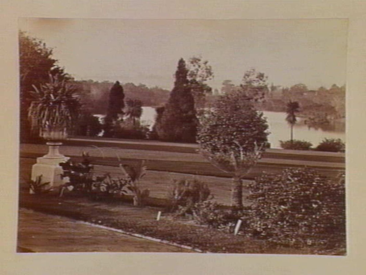 View of lake from pathway, Botanical Gardens, Melbourne, Melbourne City (c. 1890)