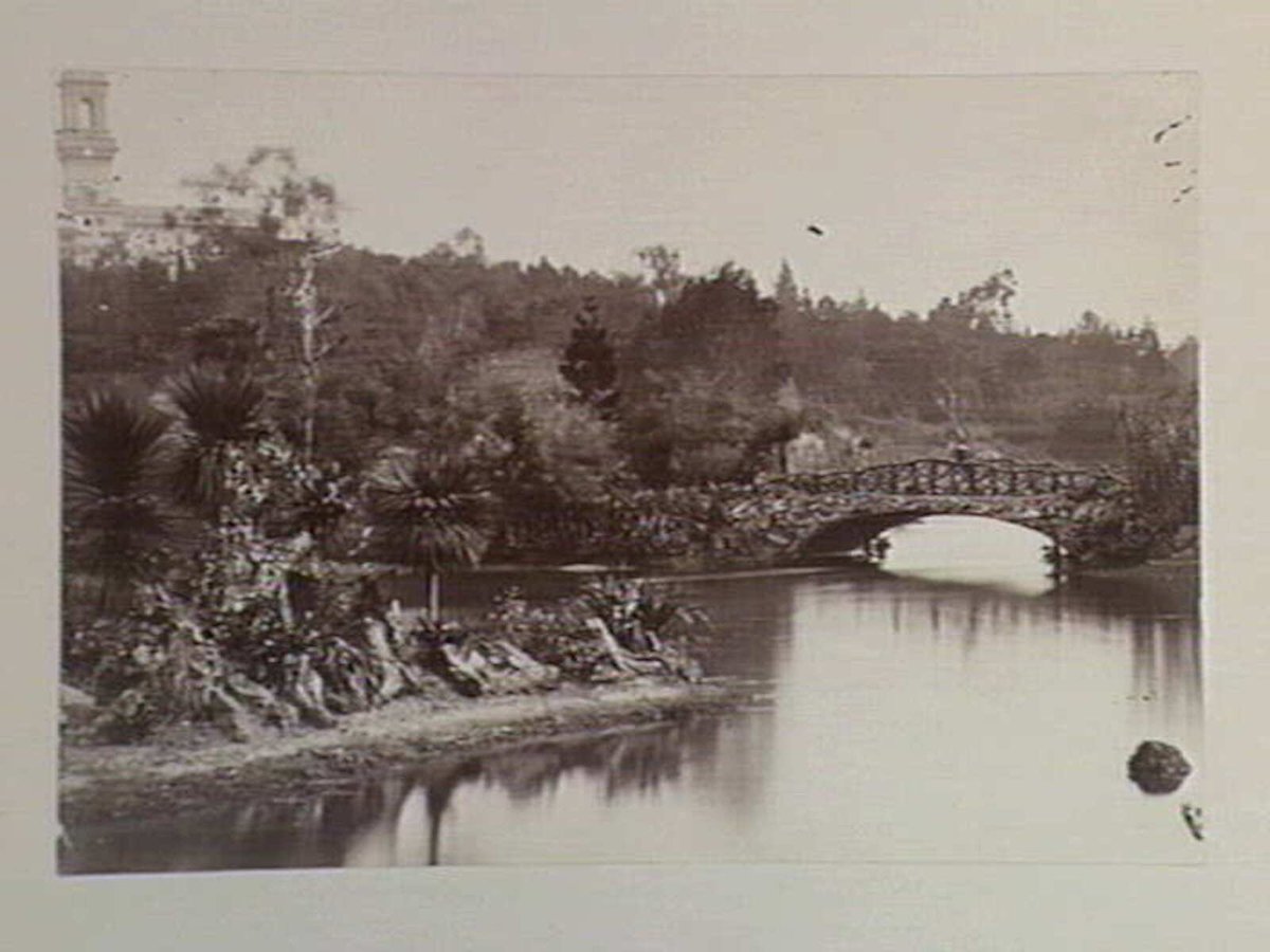 View of rustic bridge and lake, Botanical Gardens, Melbourne. Government House is shown in the background, Melbourne City (c. 1890)
