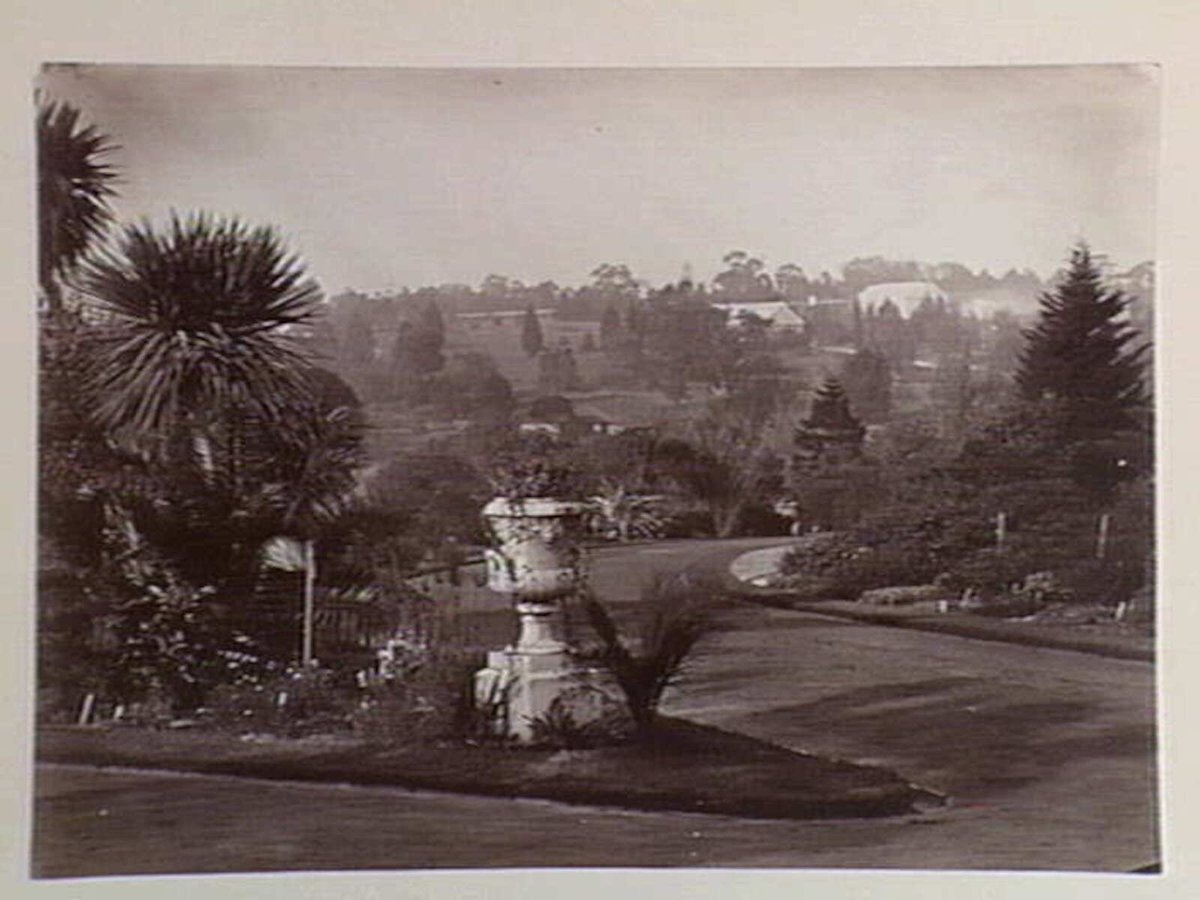 View from pathway, to the conservatory, Botanical Gardens, Melbourne, Melbourne City (c. 1890)