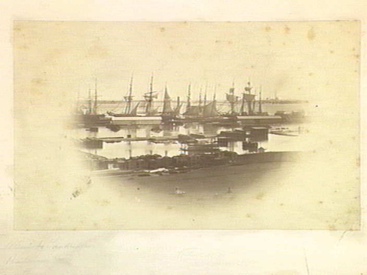 Timber Wharf to Sandridge from Batman's Hill, Port Melbourne (c. 1863)