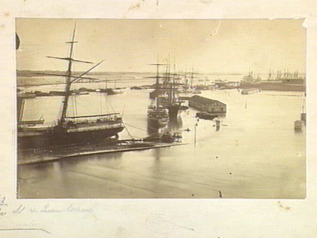 Flinders St. & Queens Wharf under water, Melbourne City (c. 1863)
