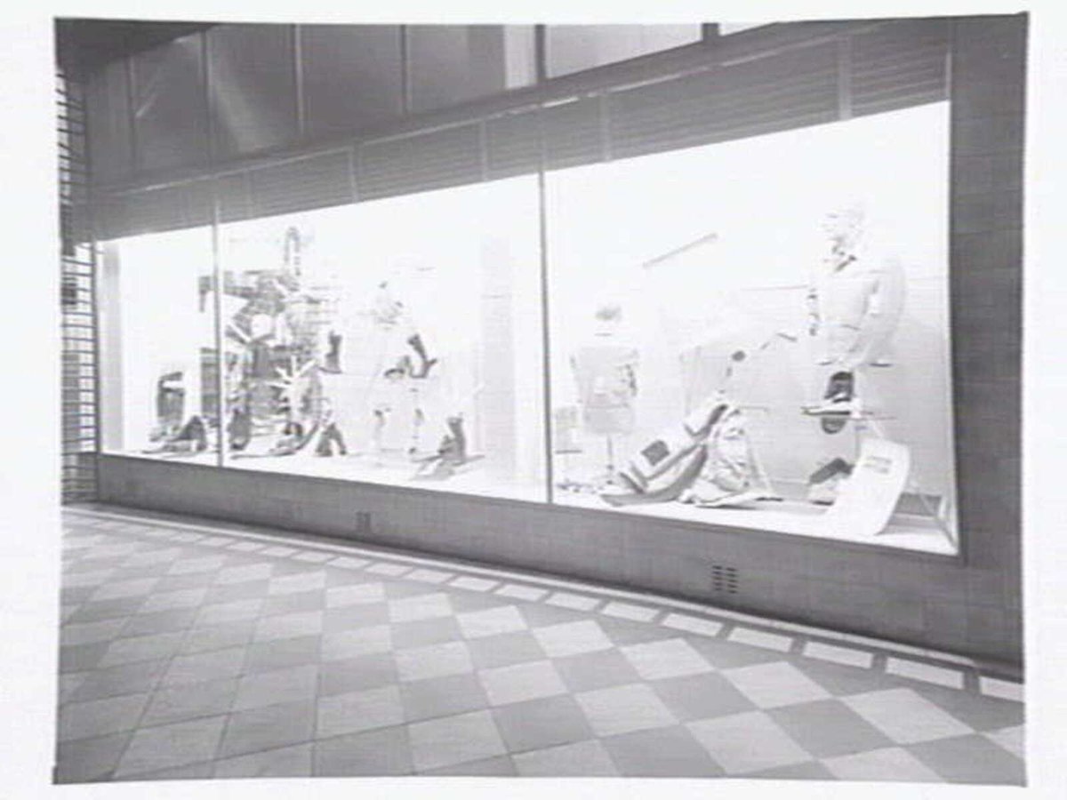 McLeod's Mens Store, corner Royal Arcade & Bourke St, window display and ground floor interior, Melbourne City (1943–49)