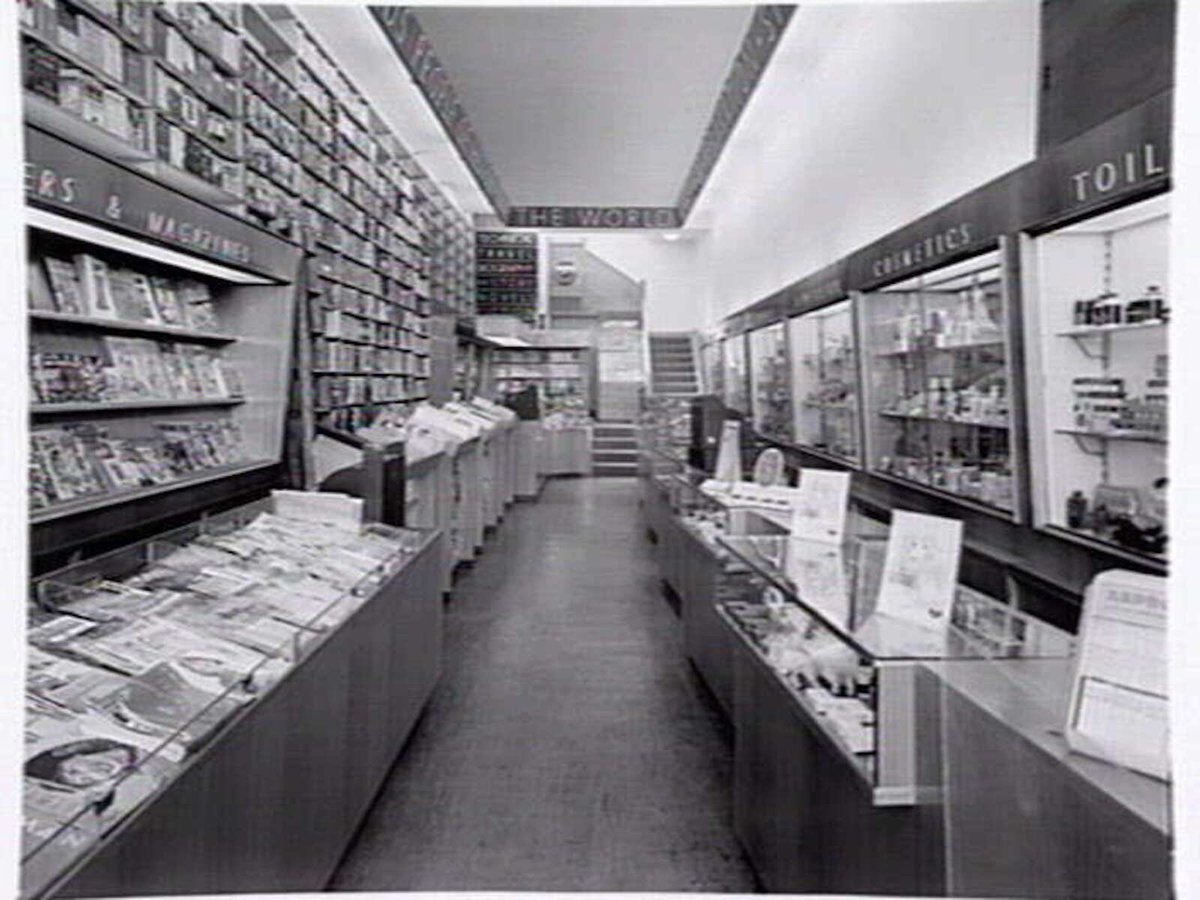 Stanley Young's P/L, newsagency, 244 Swanston St., Melbourne, showing interior and exterior, Melbourne City (1948)