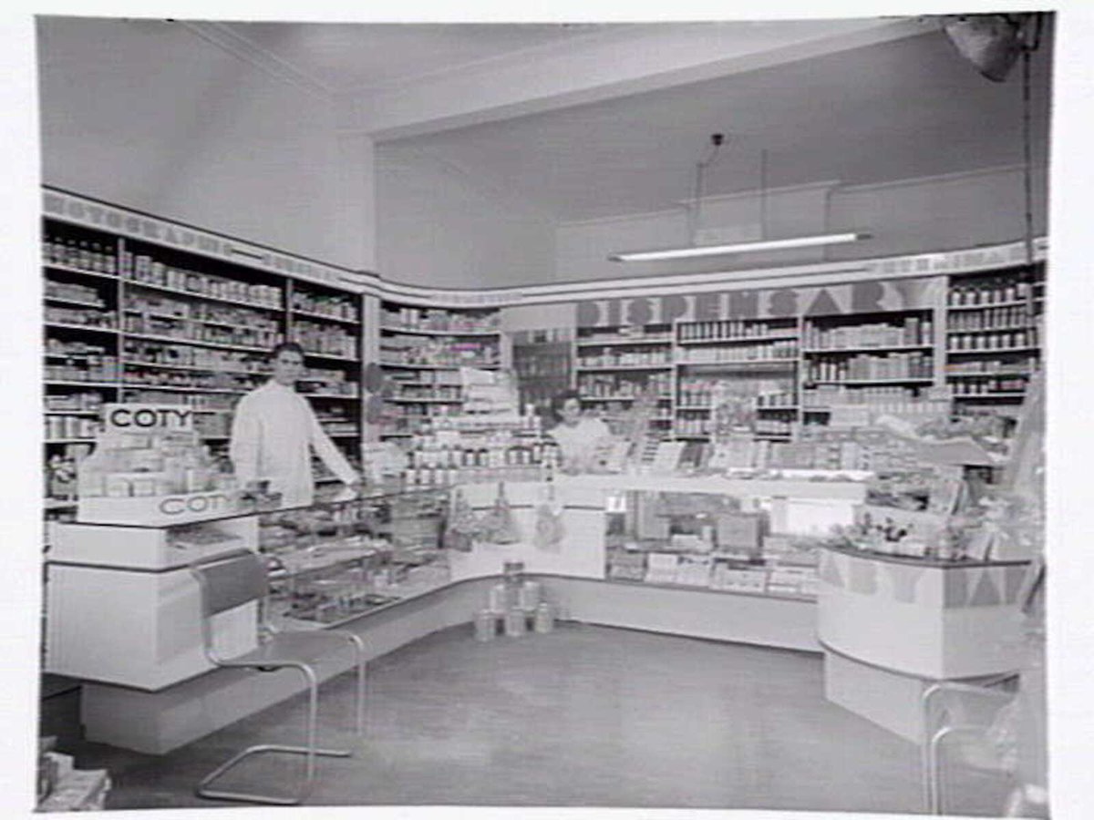 K.T. Williams, chemist shop at 599 Station St., Box Hill, showing both interior and exterior (1949)