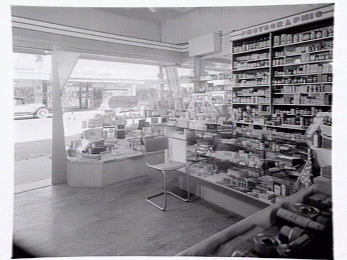 K.T. Williams, chemist shop at 599 Station St., Box Hill, showing both interior and exterior (1949)