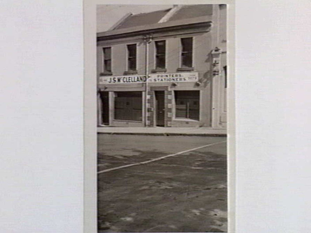 J.S. McClelland, printers & stationers, Lonsdale Street, which was once the Black Eagle Hotel, Melbourne City (1935)