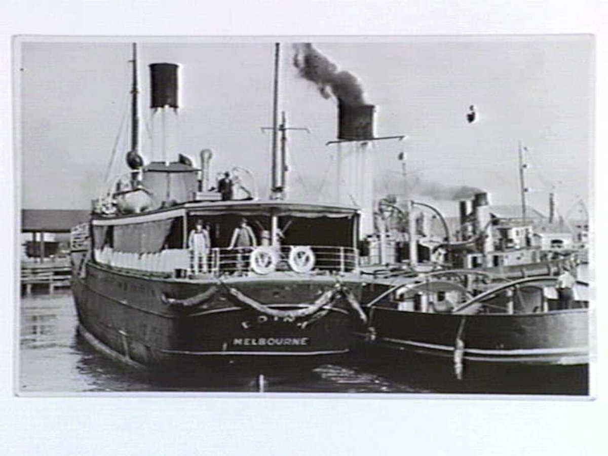 The old Edina being taken from her familiar berth at North Wharf, Melbourne, Vic (1938)