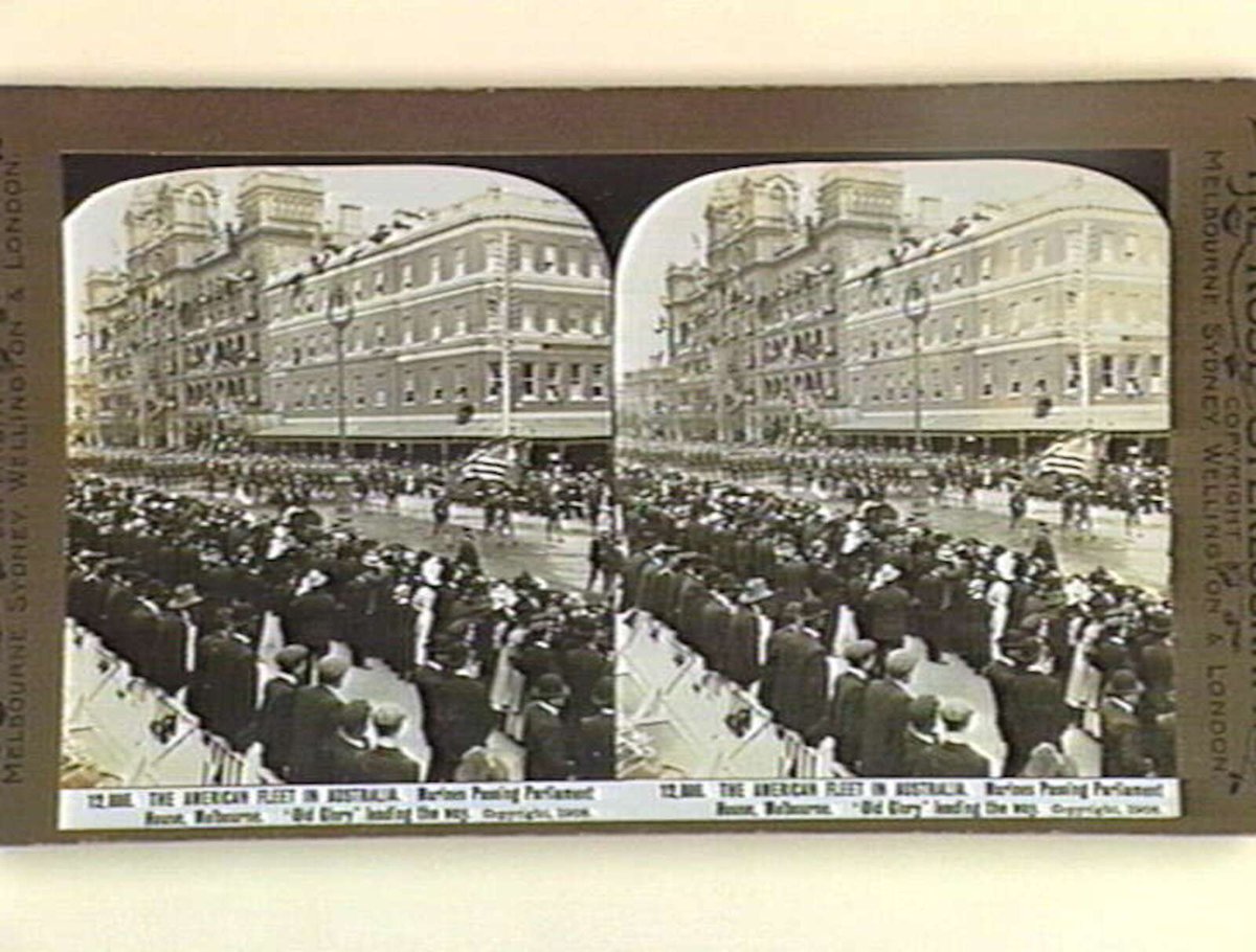 THE AMERICAN FLEET IN AUSTRALIA. Marines Passing Parliament House, Melbourne. 'Old Glory' leading the way, East Melbourne (c. 1908)